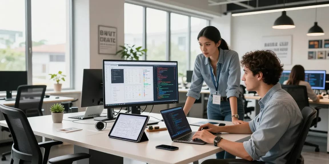 Developer collaborating with a team at the WPS Official Website's modern workspace, showcasing innovative software solutions.