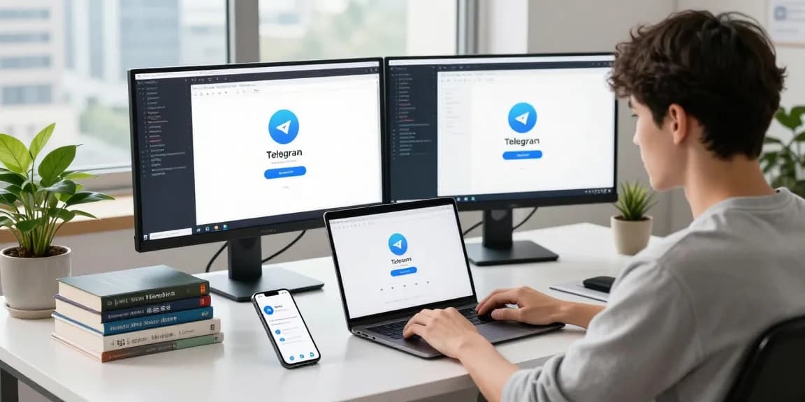 Setting up Telegram Chinese on a laptop in a modern workspace with coding resources.