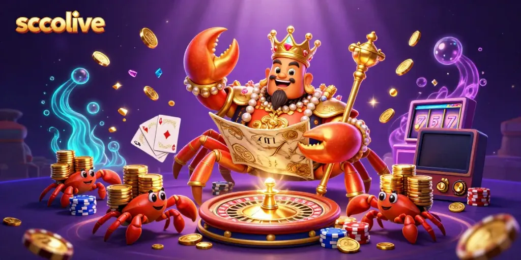 Socolive features a golden crab emperor among vibrant casino elements, showcasing gaming excitement and action.
