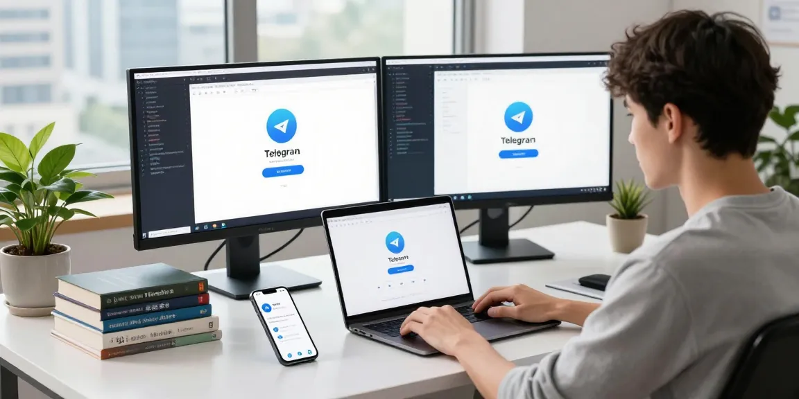 Setting up Telegram Chinese on a laptop in a modern workspace with coding resources.