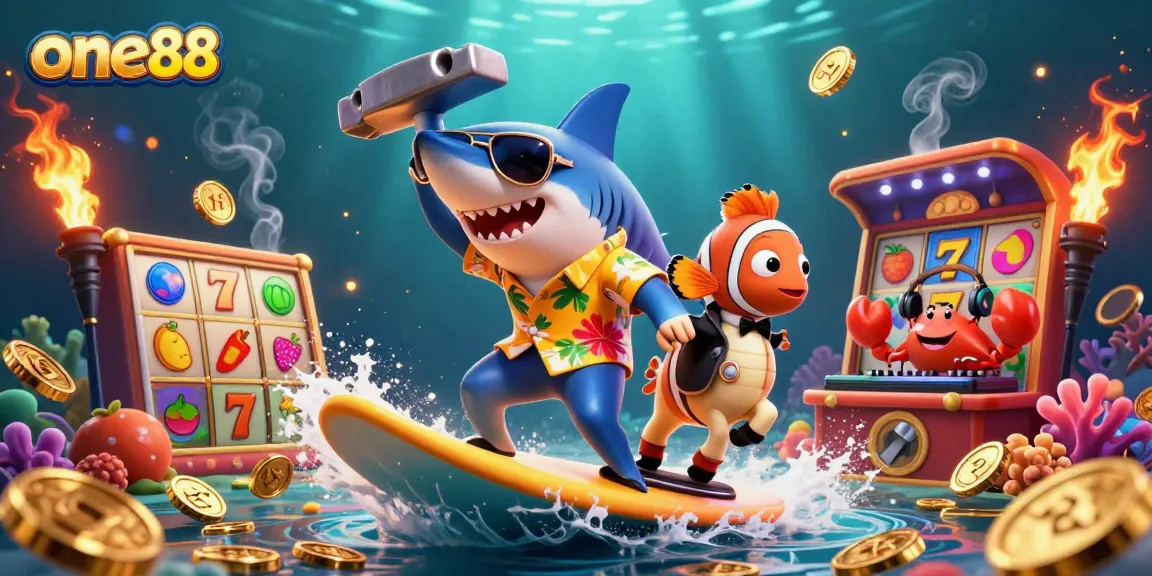 one88 showcases a vibrant scene with a shark surfing gold coins and playful casino elements.