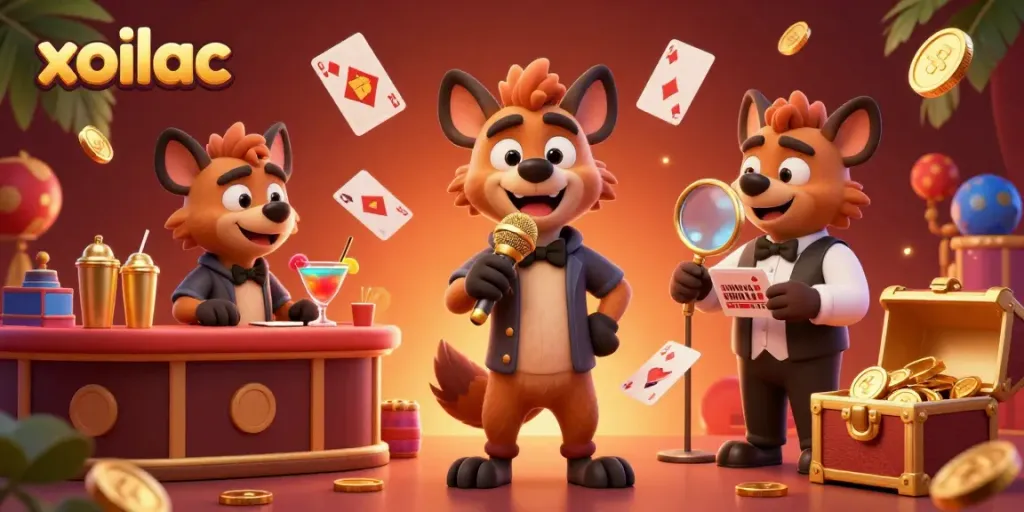 Xoilac casino-themed illustration featuring hyenas as comedians, bartenders, and bouncers amidst vibrant gaming elements.