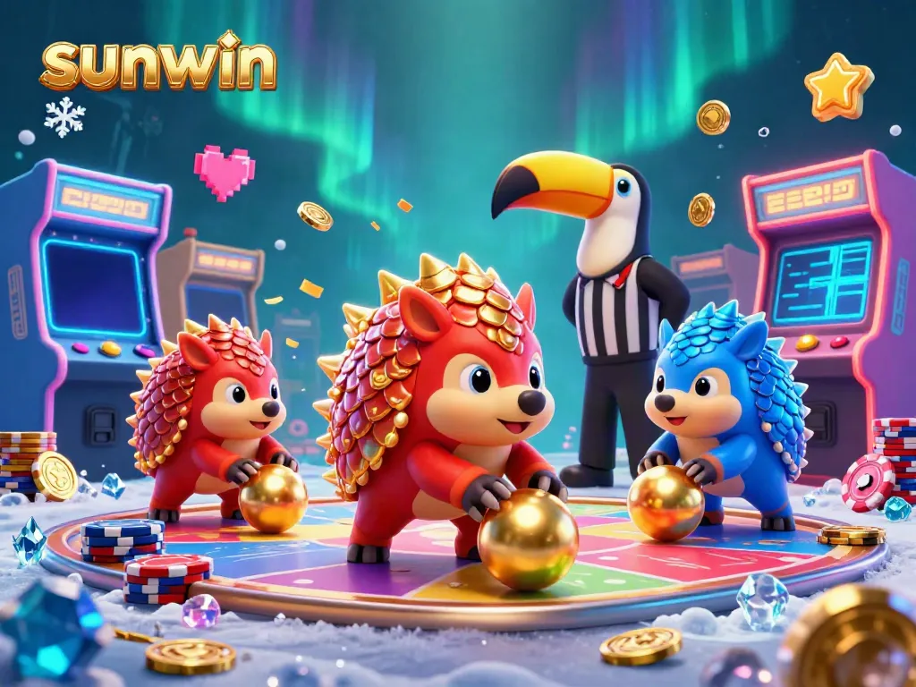 Experience thrilling gameplay with sunwin, as pangolins compete amidst shimmering casino elements and vibrant arcade machines.