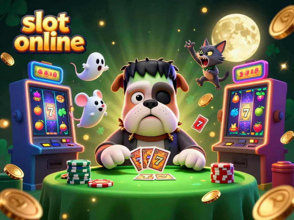 Engaging scene of a cartoon Frankenstein bulldog dealing cards at a spooky green-lit table, promoting slot online gameplay.