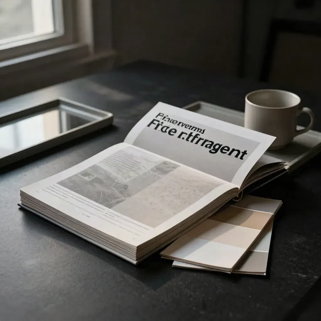 Pris- och prognosrapport med folio, stenbricka och kopp i dramatisk studiobelysning.