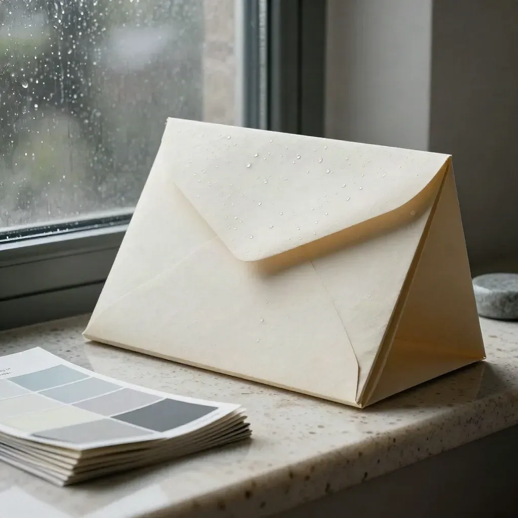 Rapportpaket med swatchfläkt och sten på travertin, blöt efter regn