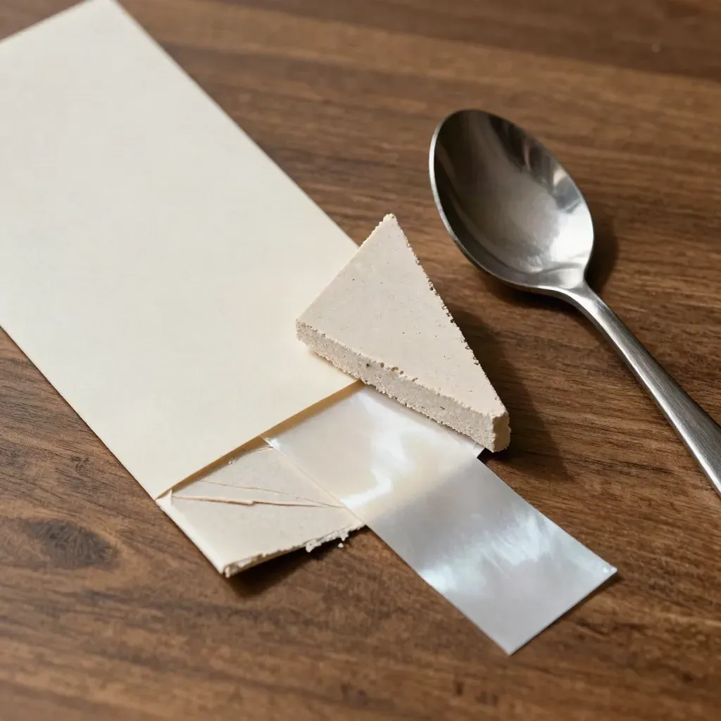 Toppvy av ett mjukt matpaket med pärlemorskimrande provremsa, stenbit och stålsked.