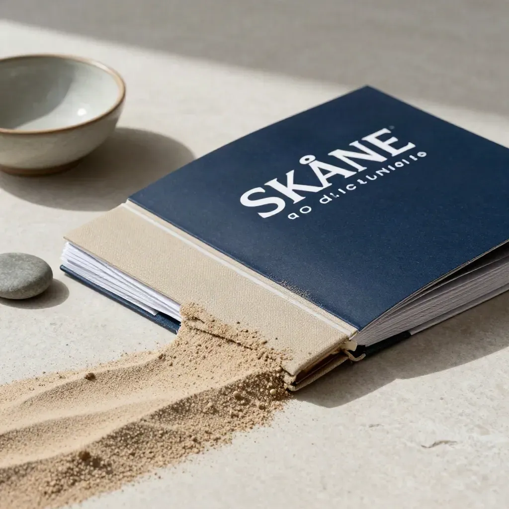 Fälld Skåne-rapport med sandfärgad tygkant, sten och keramikskål på ljus sten.