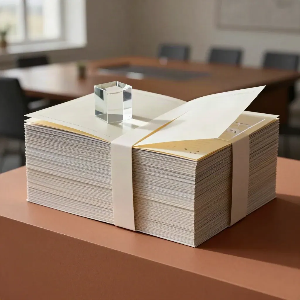 Kampanjplanerare i papper med prism på ljus terrakottayta, mjukt morgonljus.