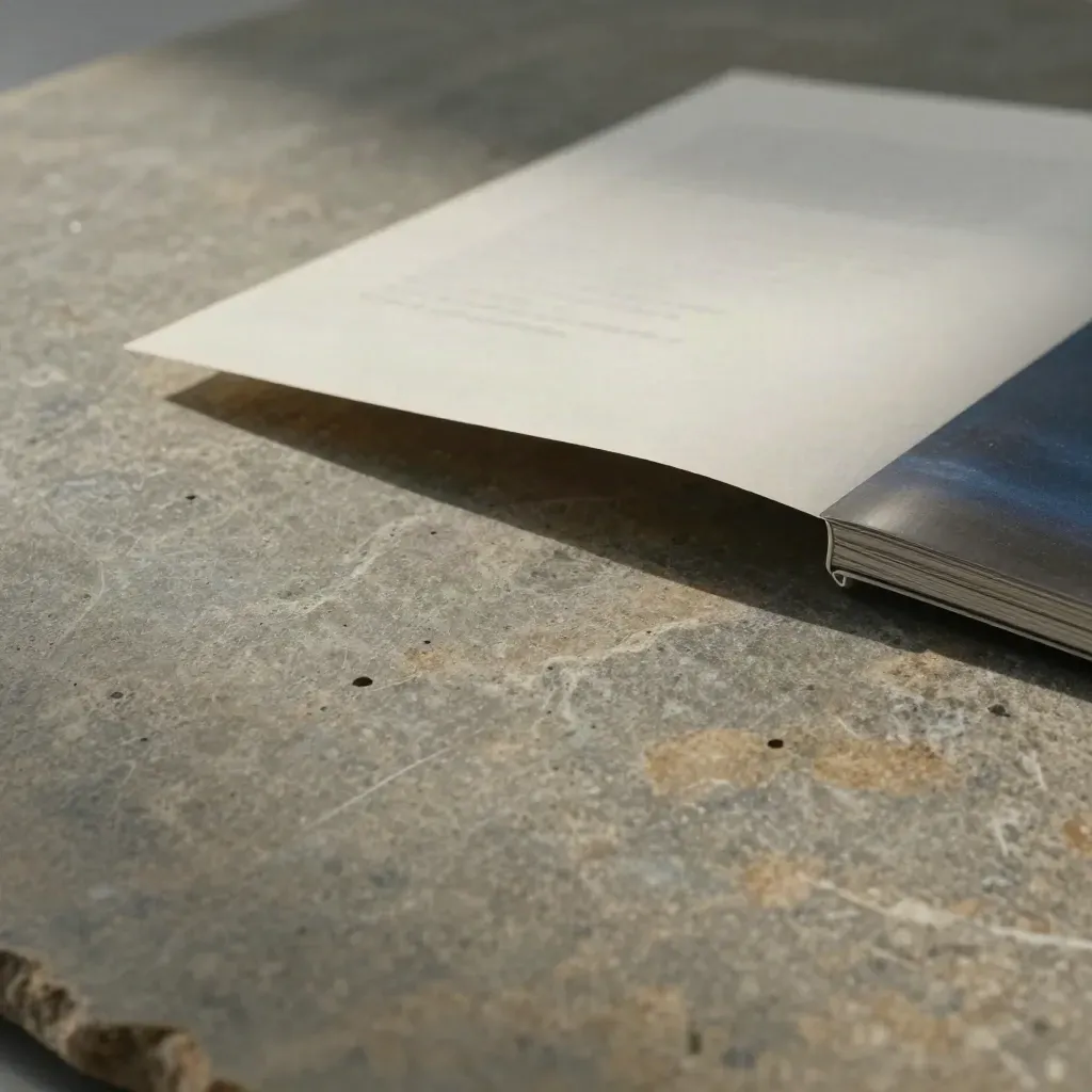 Kall stenplatta med vikt papper och borstad metall i mjukt ljus.