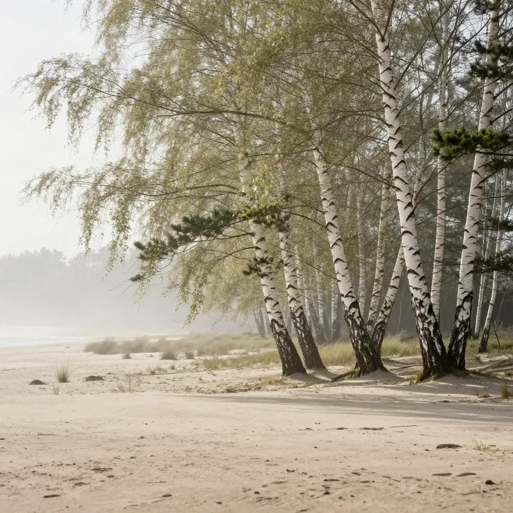 Vindpinad björkdunge över sandig glänta i dimma och mjukt solljus.