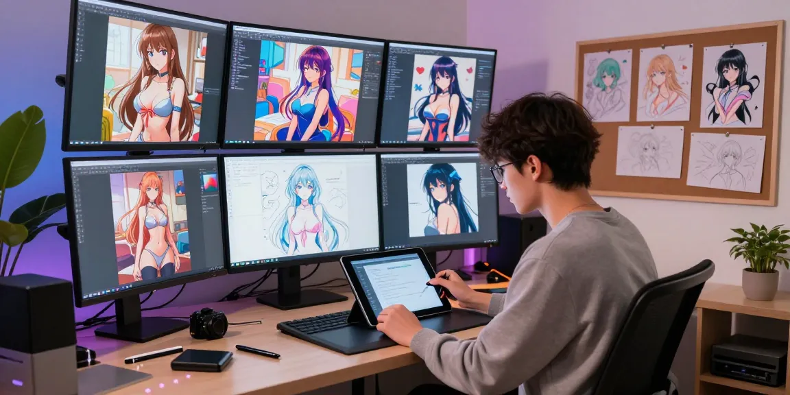 AI-generated hentai artwork creation scene with digital artist utilizing modern technology.