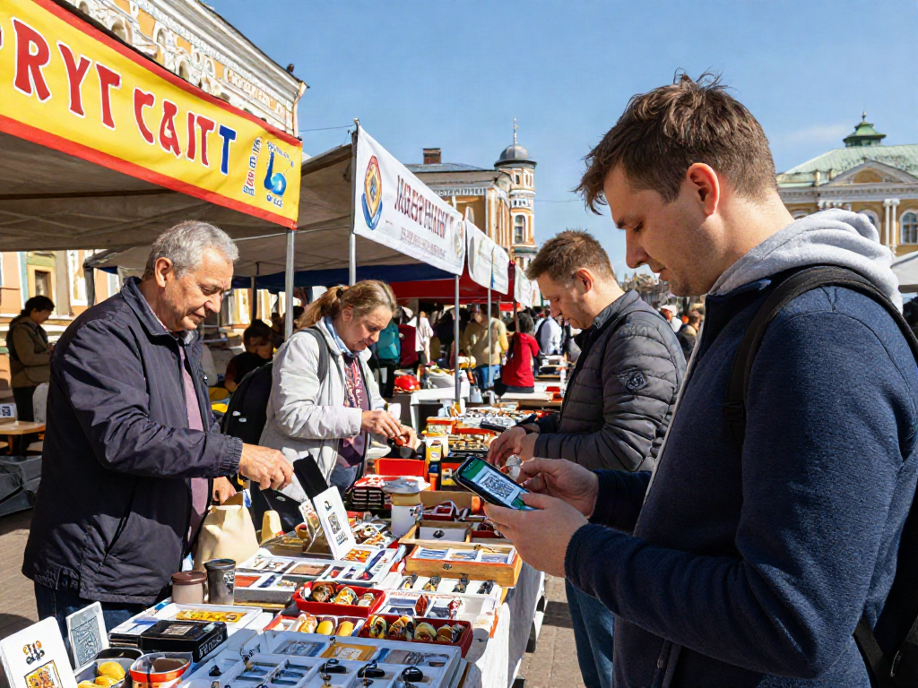 Una persona usando https://payinrussia.com/ para pagar en un mercado ruso, rodeada de souvenirs y productos locales.