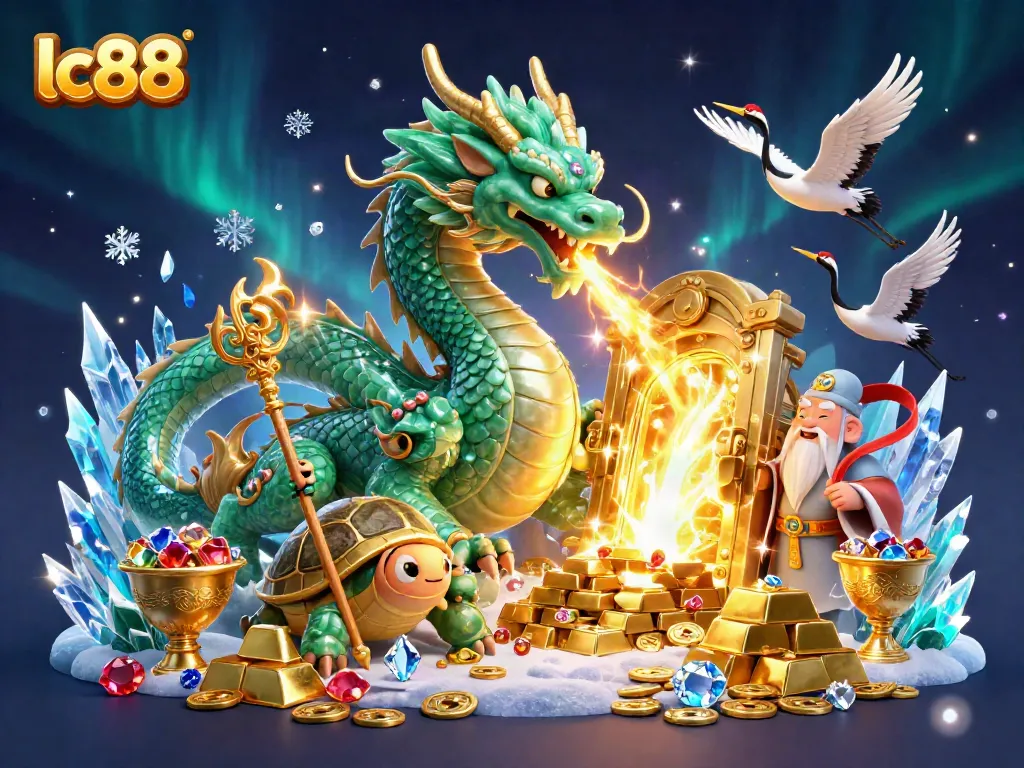 Engage with the magical lc88 casino world featuring a majestic dragon, wise turtle, and lucky cranes.