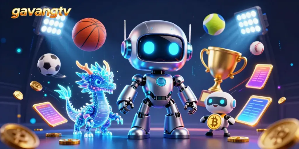 Engage with the thrilling sports betting scene at gavangtv, featuring dynamic elements and a striking robot mascot.