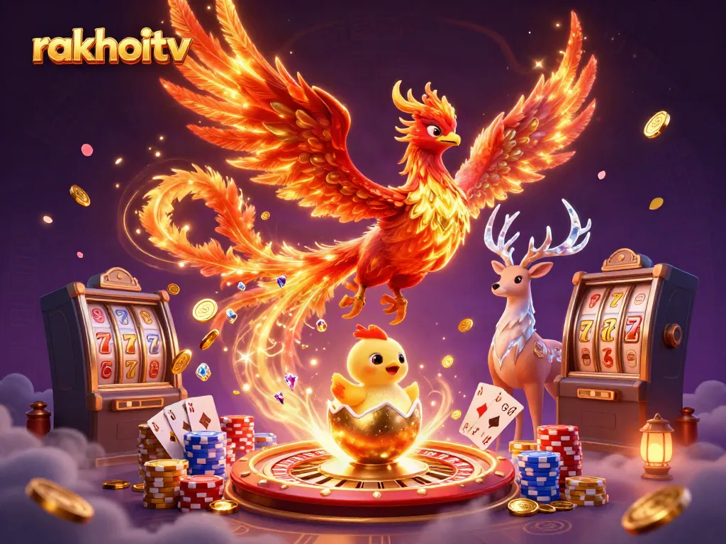 Experience the excitement of rakhoitv with a dynamic scene of a phoenix and gaming elements.