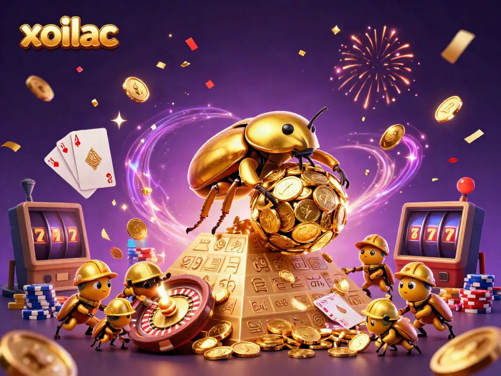 Xoilac promotes an engaging online gaming atmosphere with vibrant casino elements and animated characters.