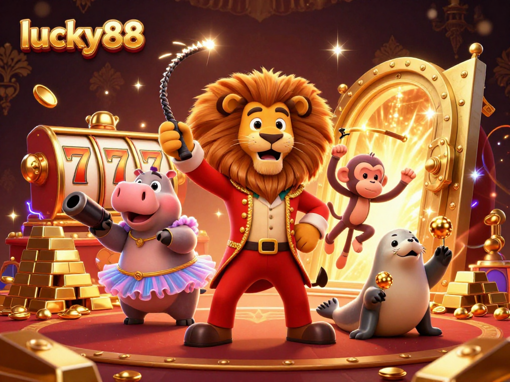 Lucky88 showcases a vibrant 3D casino scene with engaging characters and dynamic jackpot elements, creating a thrilling gaming atmosphere.