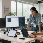Developer collaborating with a team at the WPS Official Website's modern workspace, showcasing innovative software solutions.