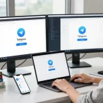 Setting up Telegram Chinese on a laptop in a modern workspace with coding resources.