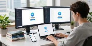 Setting up Telegram Chinese on a laptop in a modern workspace with coding resources.