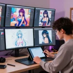 AI-generated hentai artwork creation scene with digital artist utilizing modern technology.